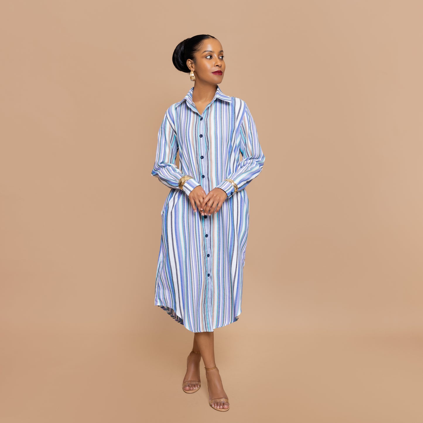 Button Down Midi-length Shirtdress - Candy Pastel Stripe