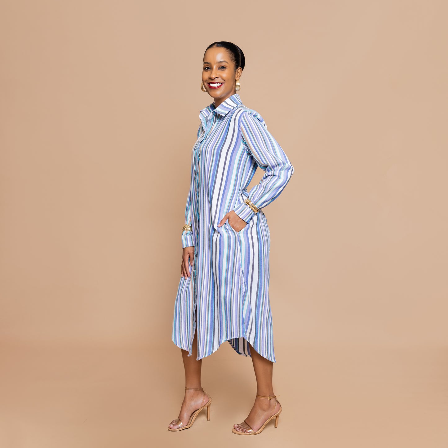 Button Down Midi-length Shirtdress - Candy Pastel Stripe