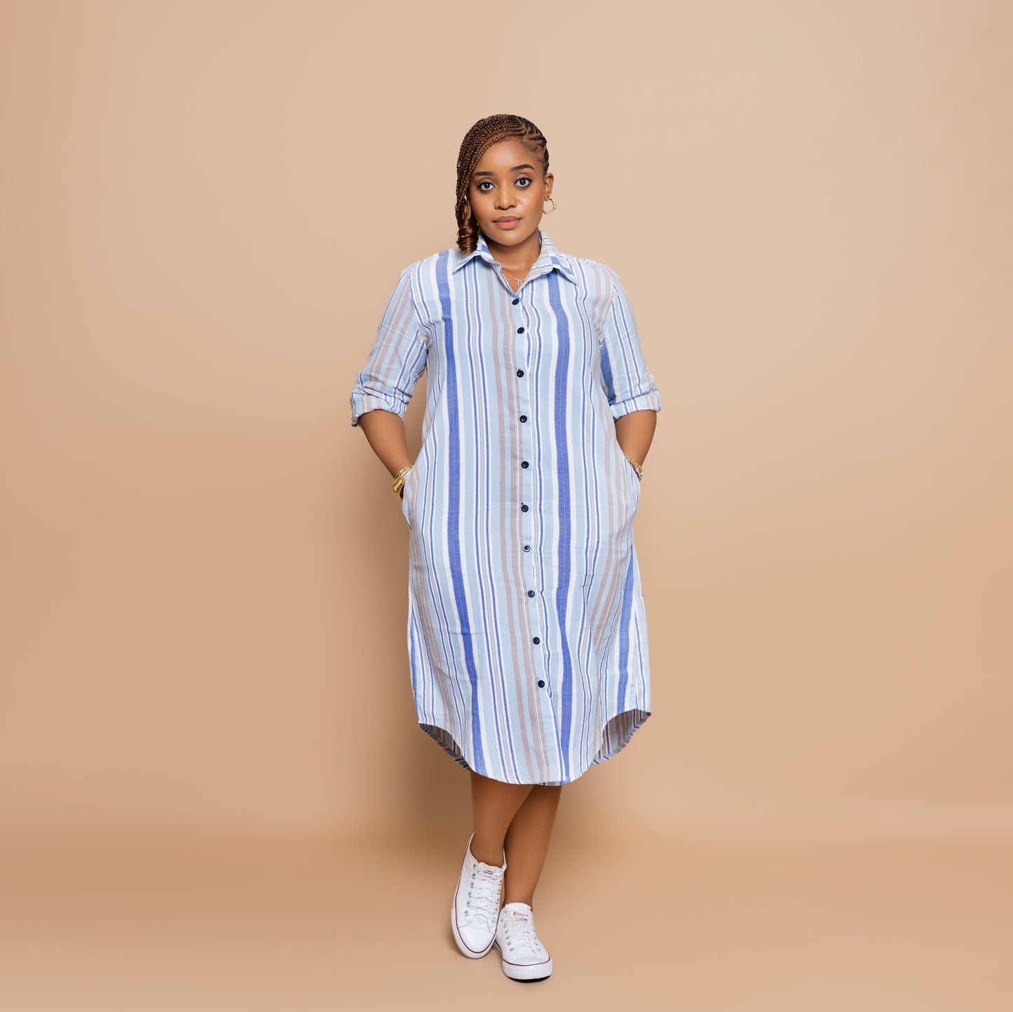 Button Down Midi-length Shirtdress - Powder Blue Stripe