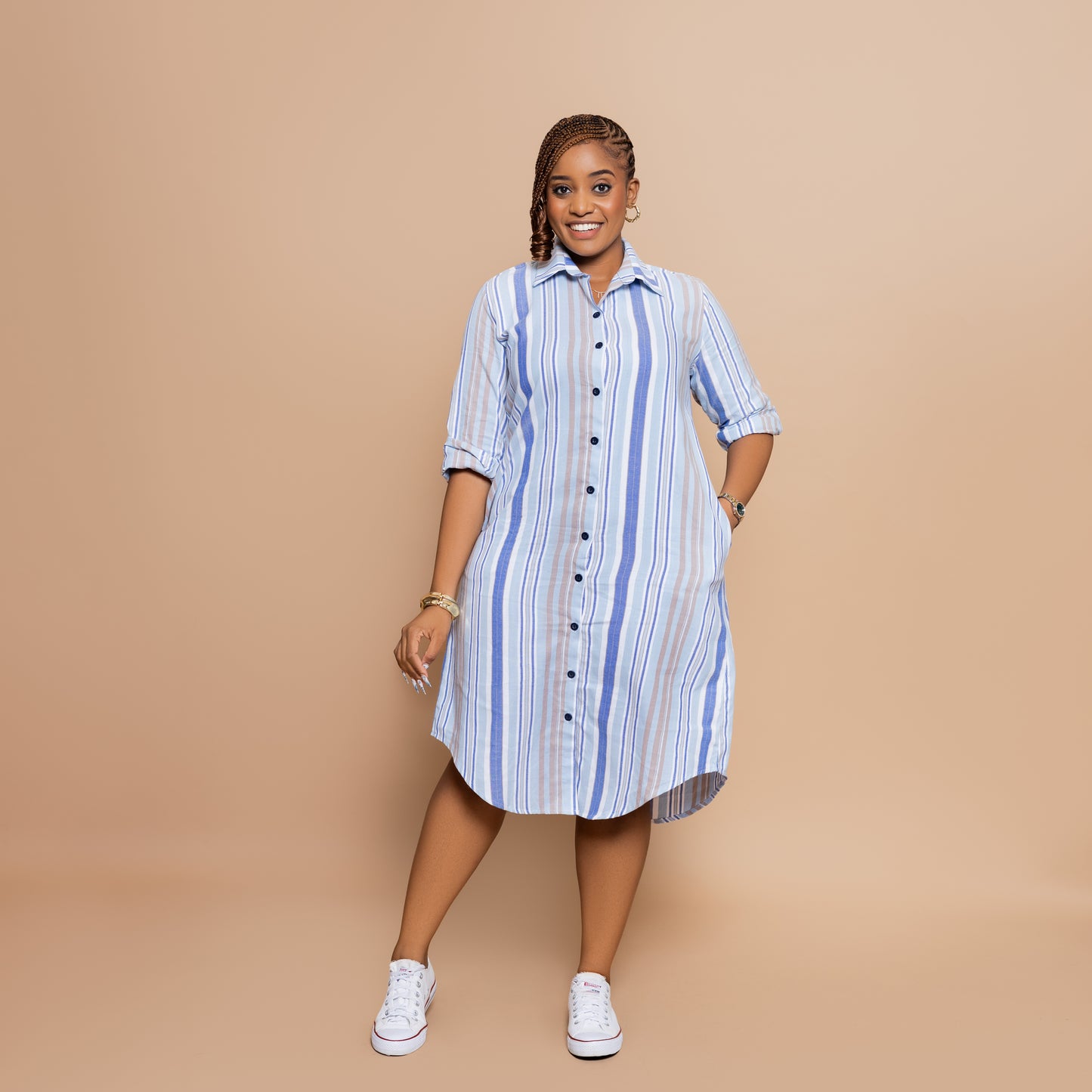 Button Down Midi-length Shirtdress - Powder Blue Stripe