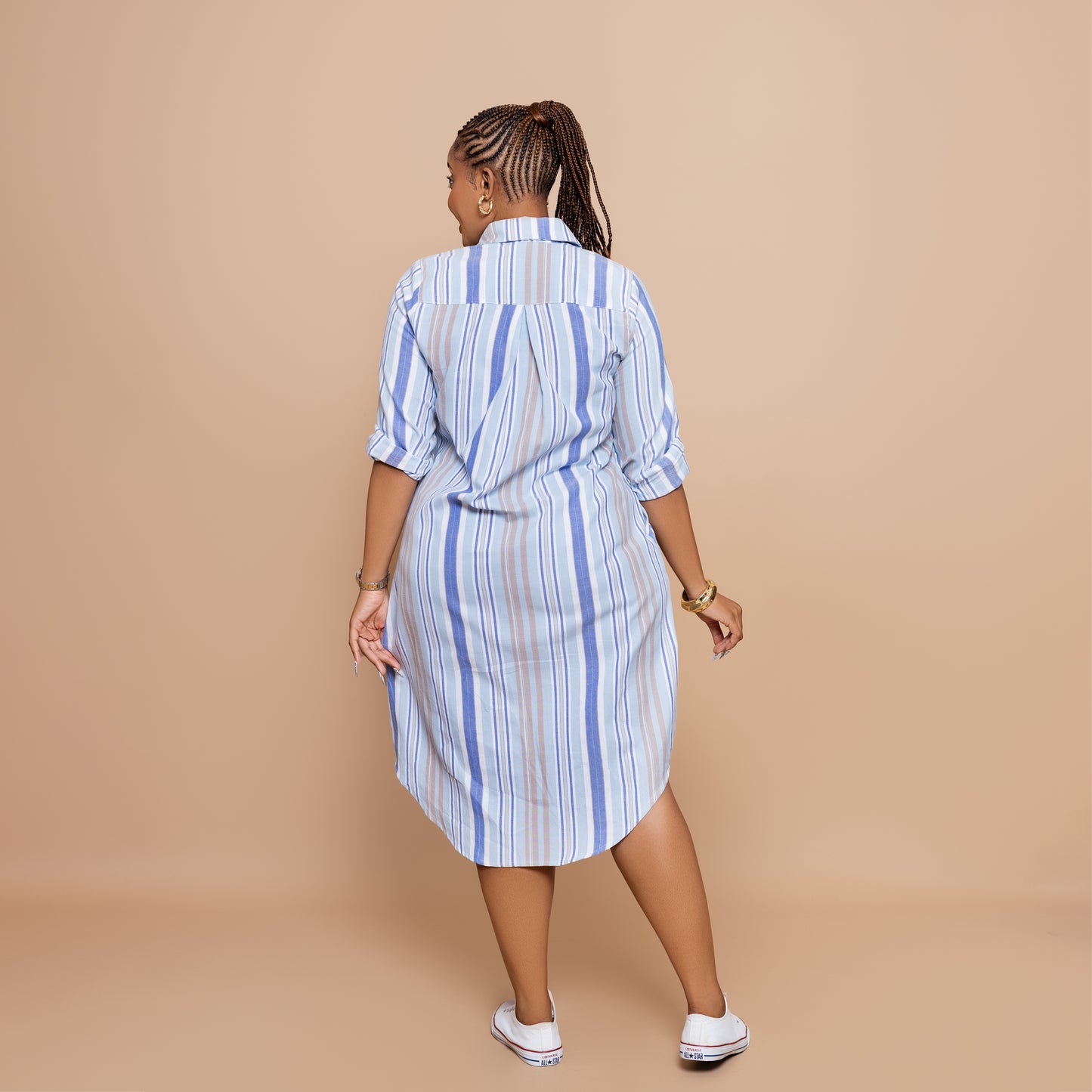Button Down Midi-length Shirtdress - Powder Blue Stripe