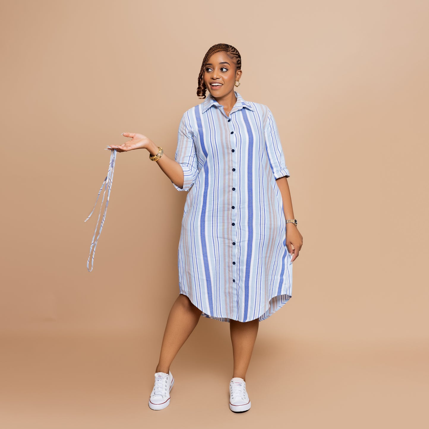 Button Down Midi-length Shirtdress - Powder Blue Stripe