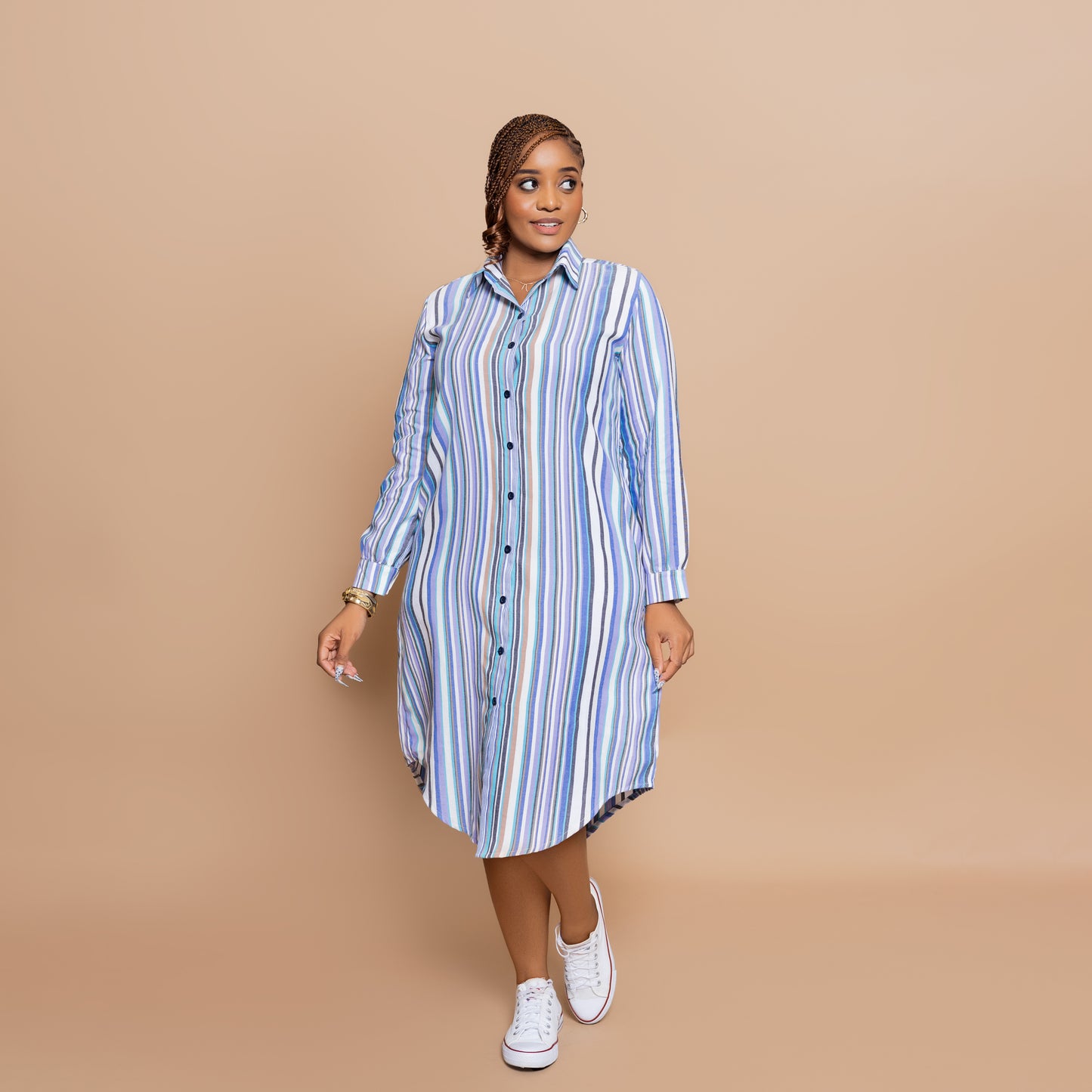Button Down Midi-length Shirtdress - Candy Pastel Stripe
