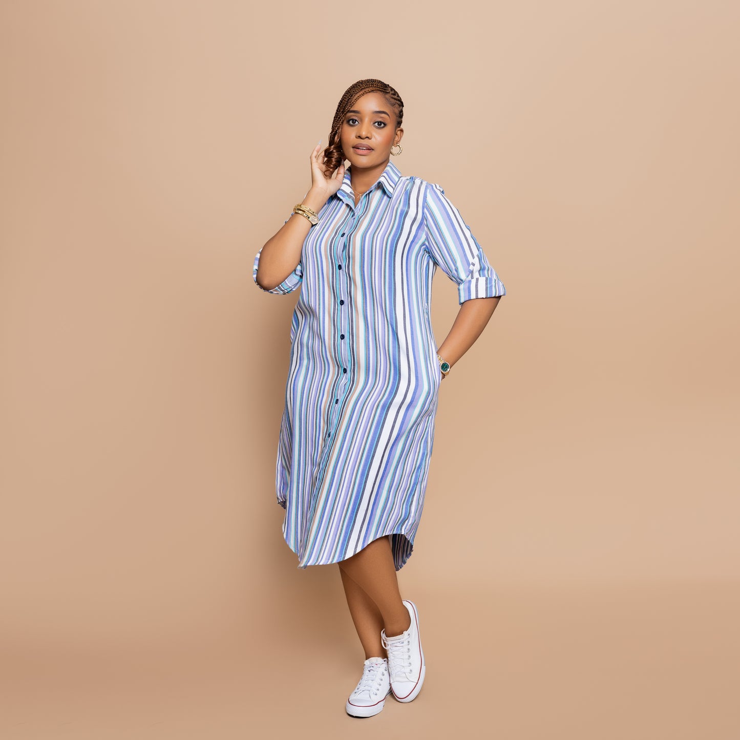 Button Down Midi-length Shirtdress - Candy Pastel Stripe