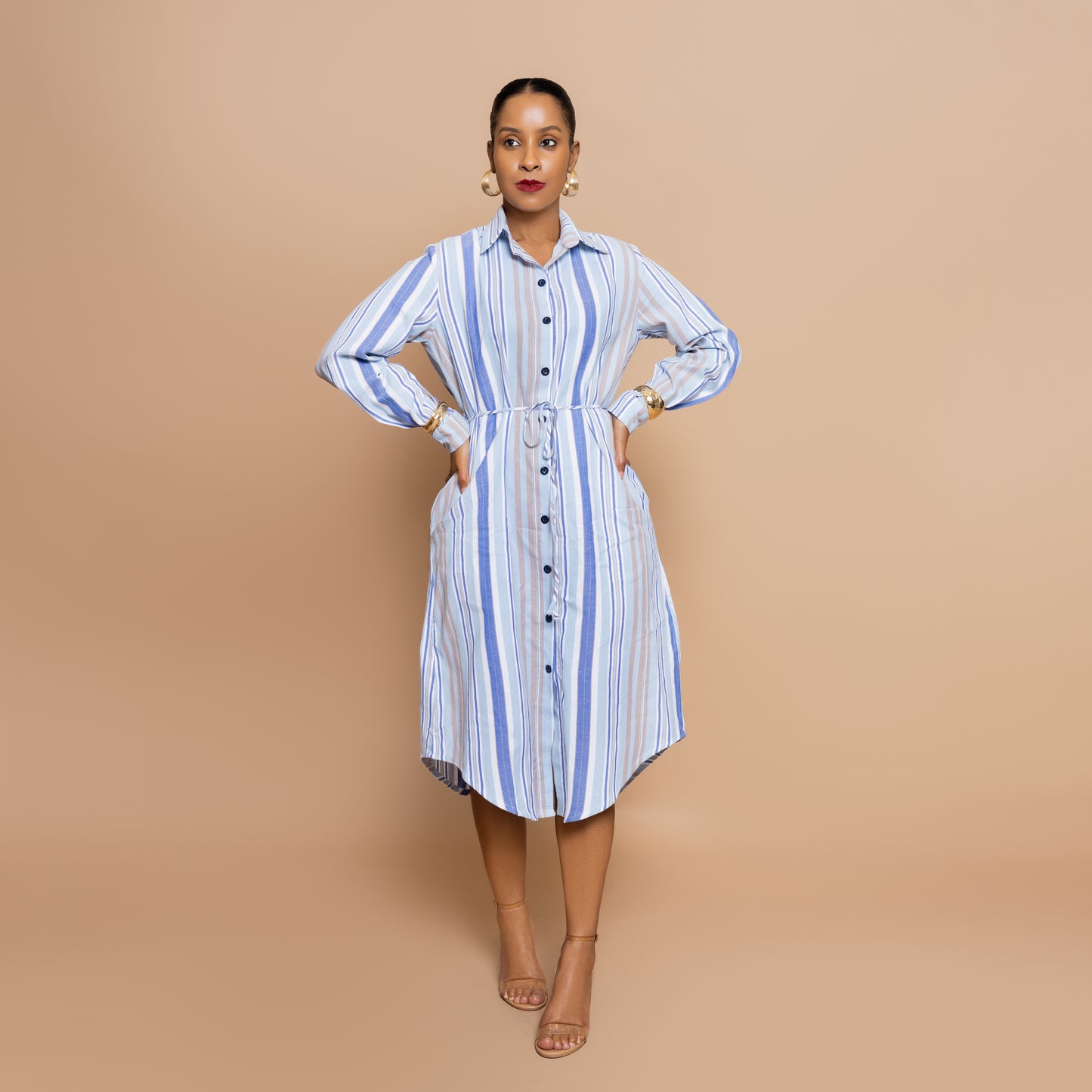 Button Down Midi-length Shirtdress - Powder Blue Stripe