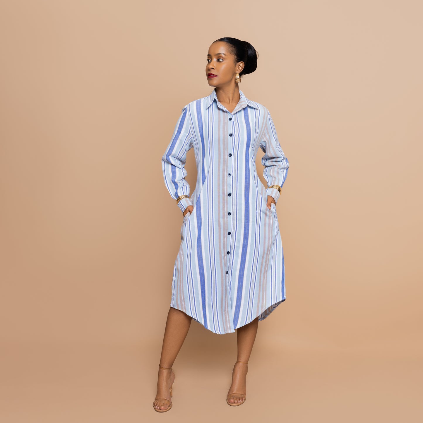 Button Down Midi-length Shirtdress - Powder Blue Stripe