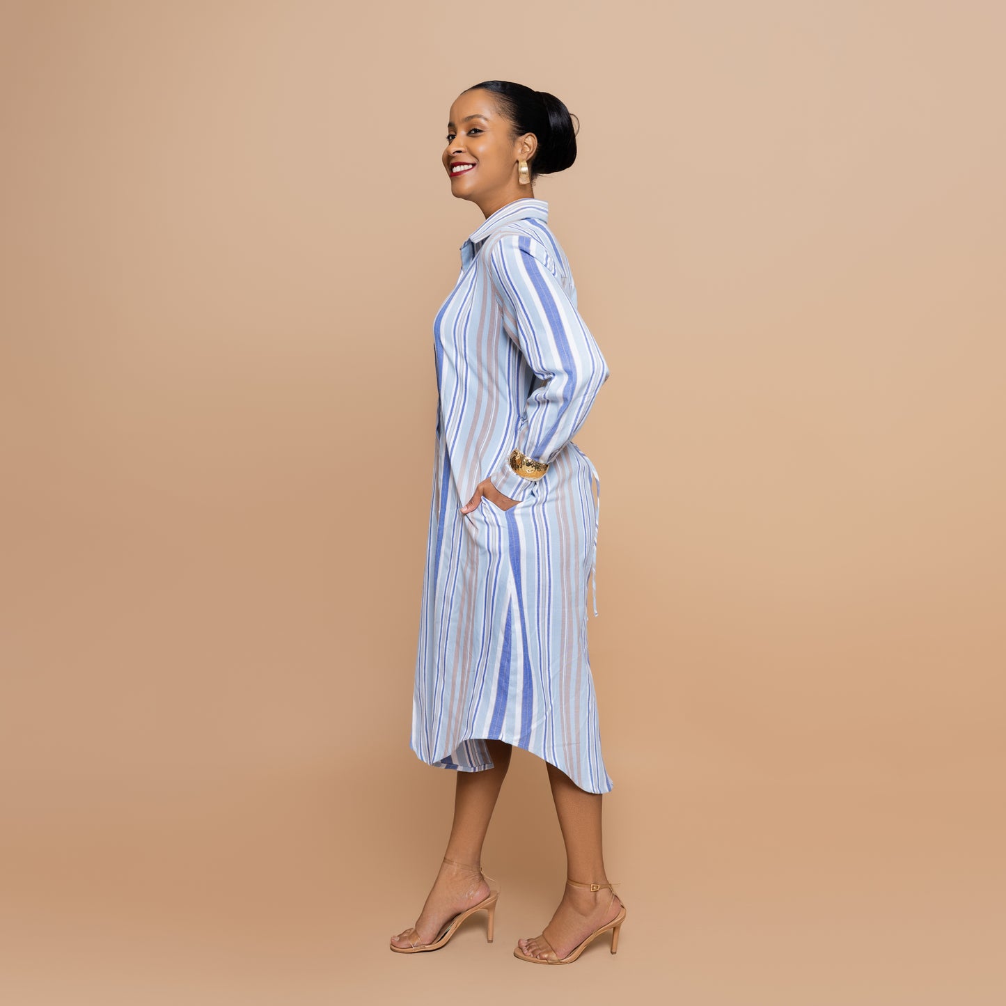 Button Down Midi-length Shirtdress - Powder Blue Stripe