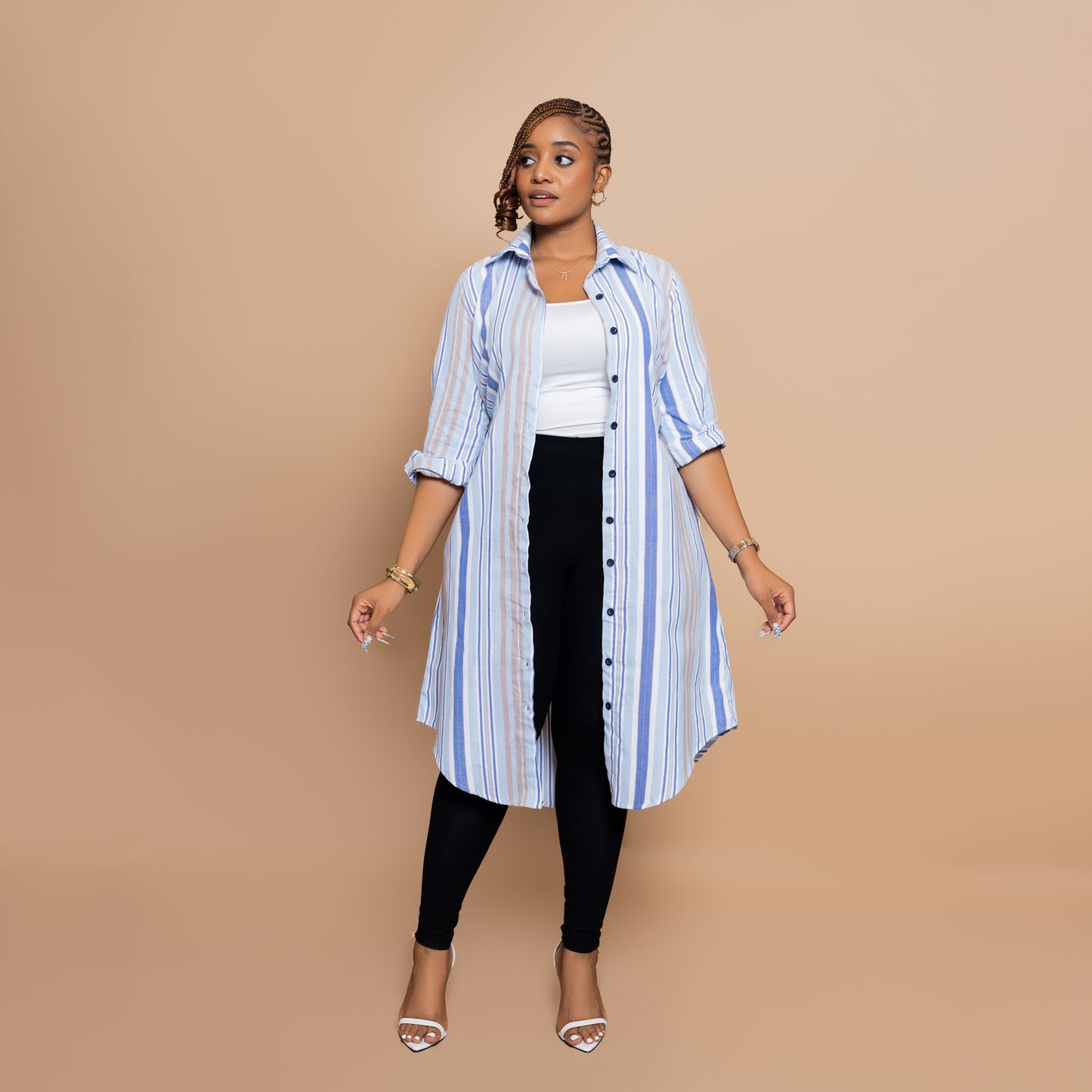 Button Down Midi-length Shirtdress - Powder Blue Stripe