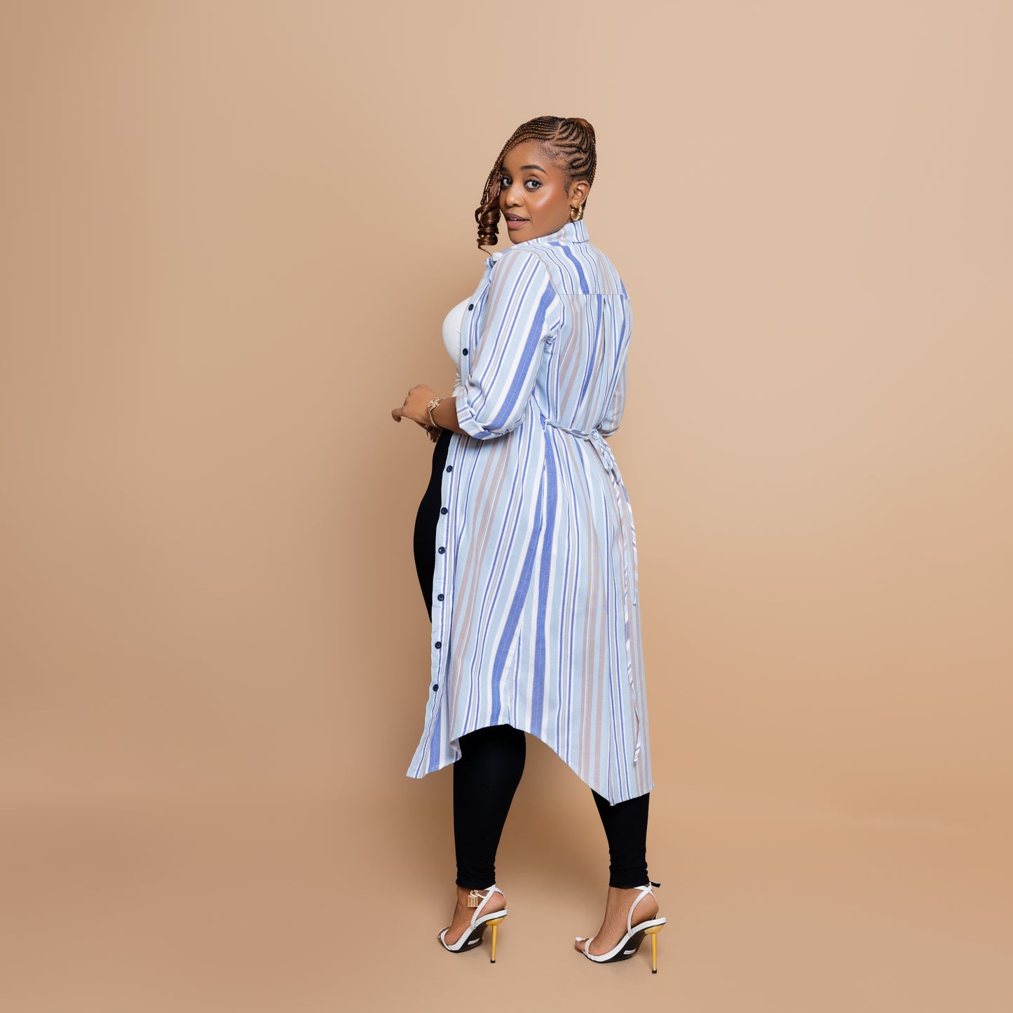 Button Down Midi-length Shirtdress - Powder Blue Stripe