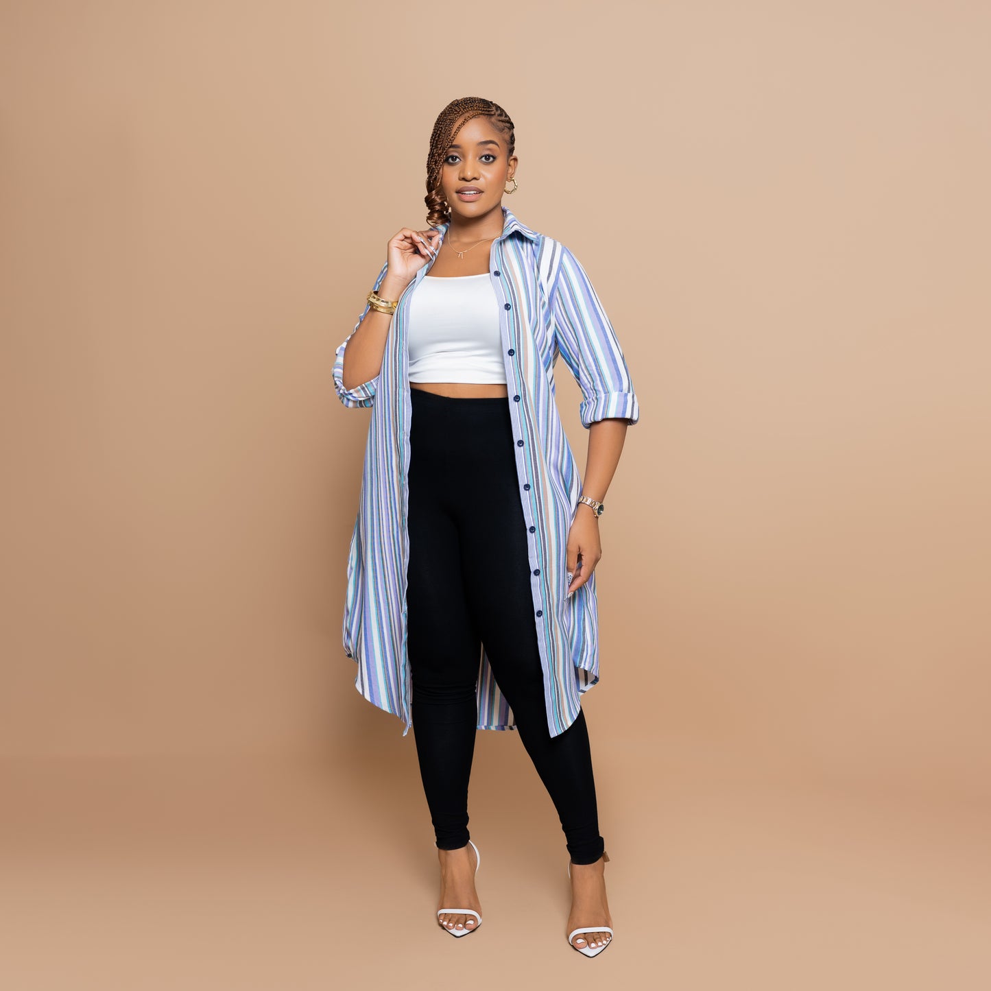 Button Down Midi-length Shirtdress - Candy Pastel Stripe