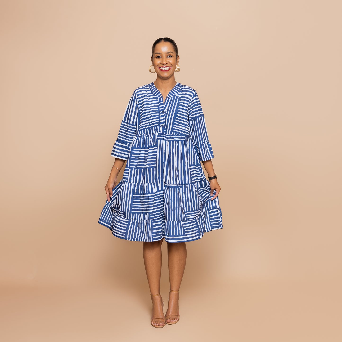 Nia 3/4 Sleeve Tiered Dress - Blue Mixed Stripe