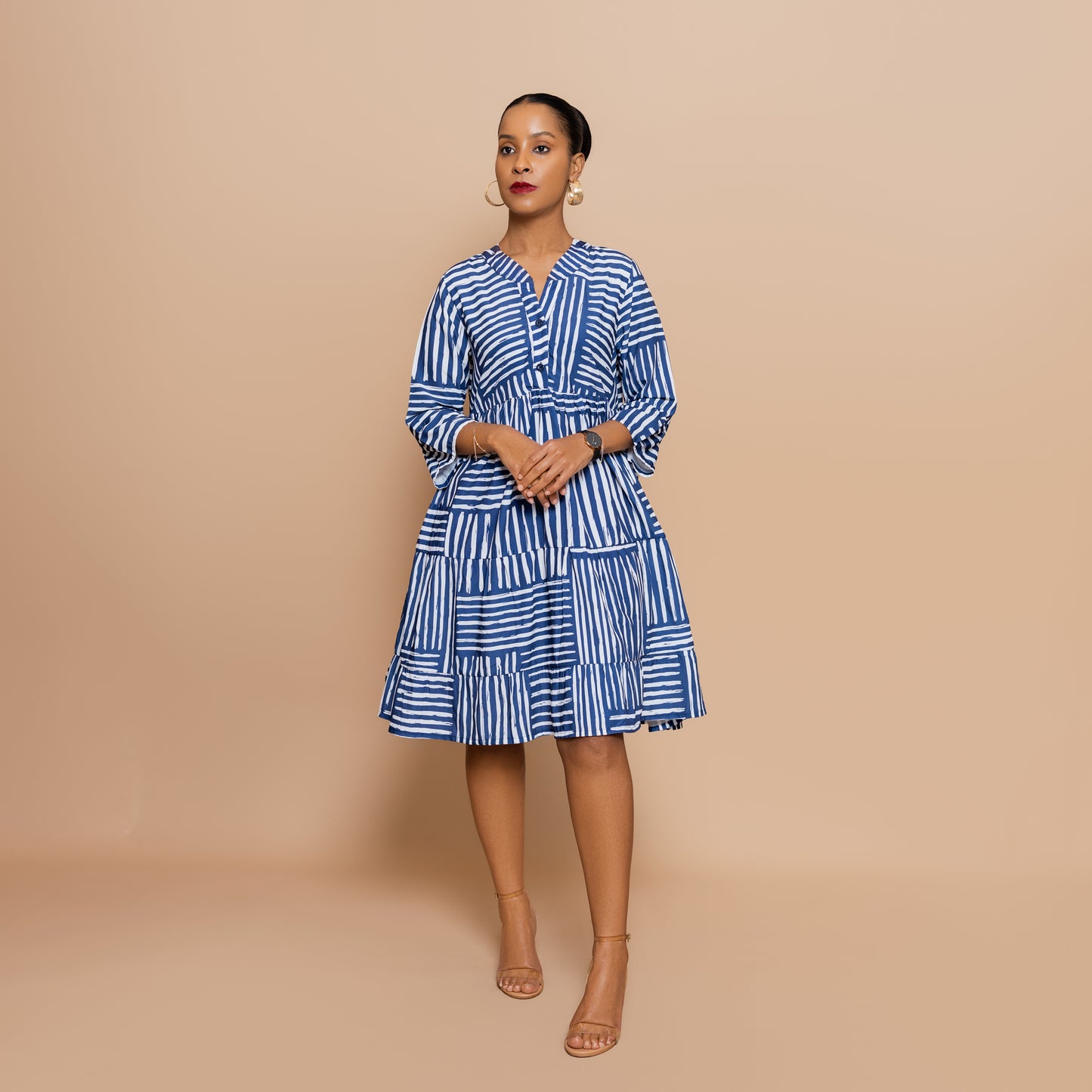 Nia 3/4 Sleeve Tiered Dress - Blue Mixed Stripe