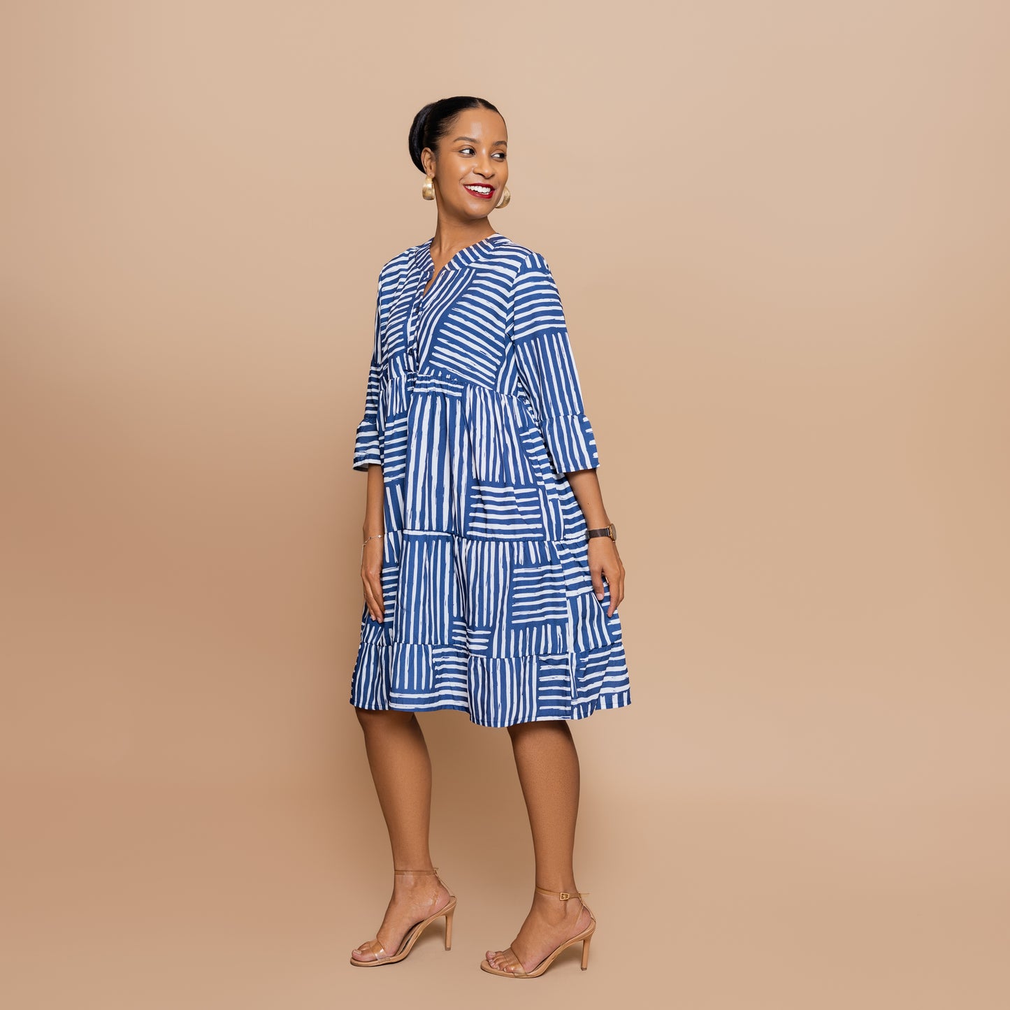 Nia 3/4 Sleeve Tiered Dress - Blue Mixed Stripe