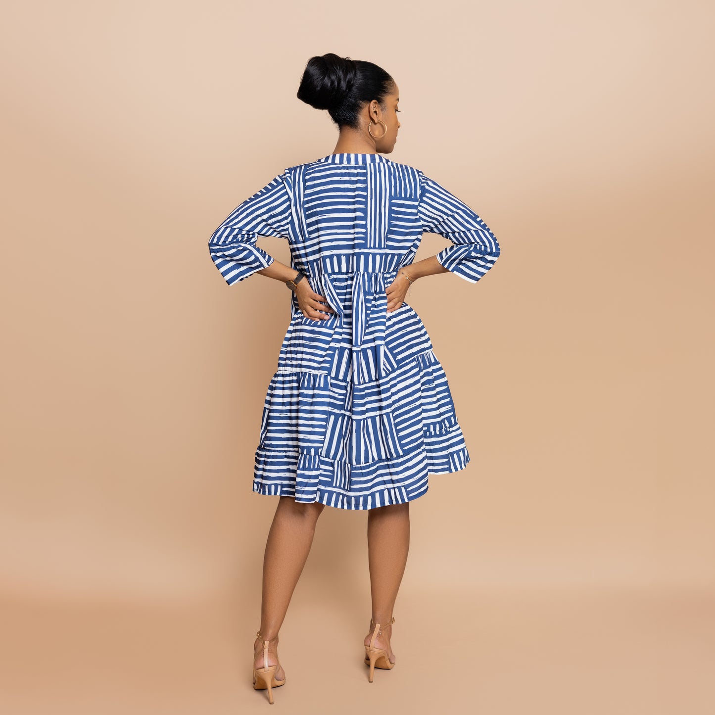 Nia 3/4 Sleeve Tiered Dress - Blue Mixed Stripe