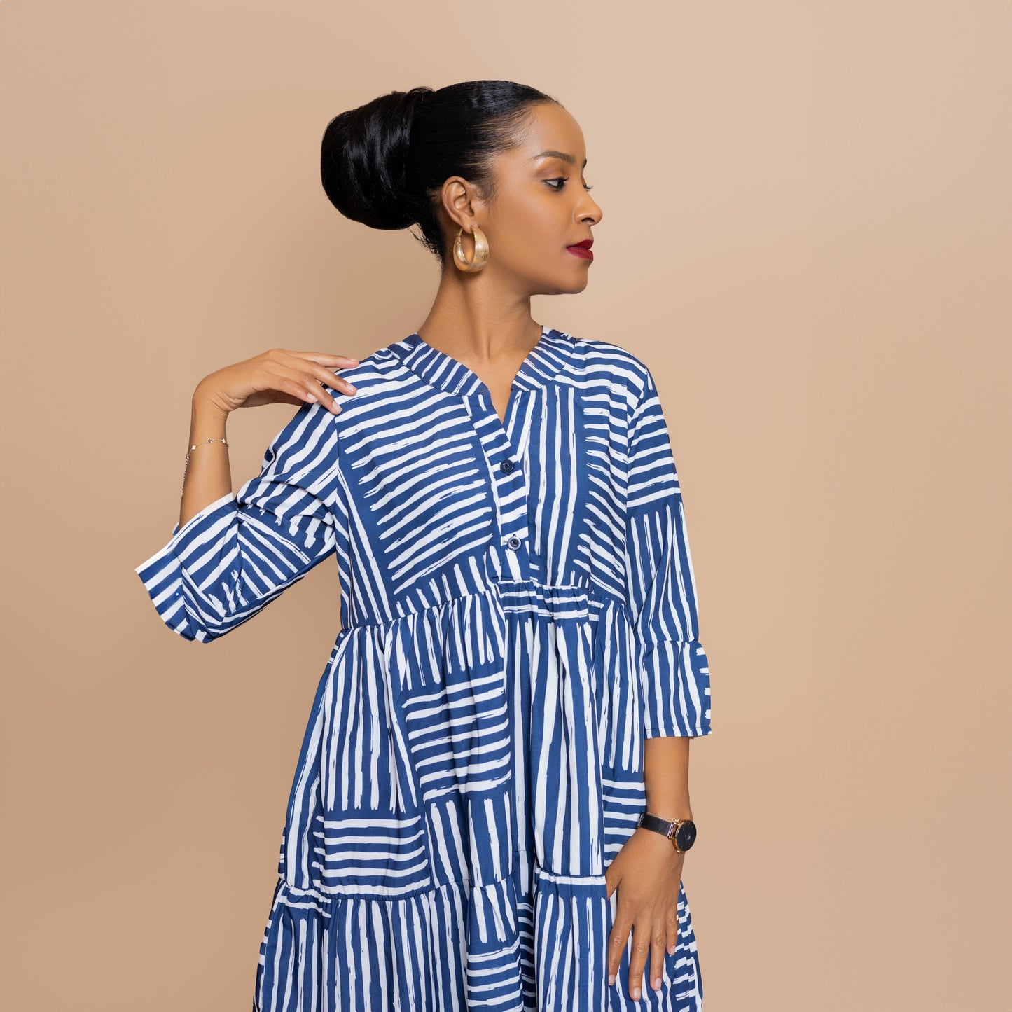 Nia 3/4 Sleeve Tiered Dress - Blue Mixed Stripe