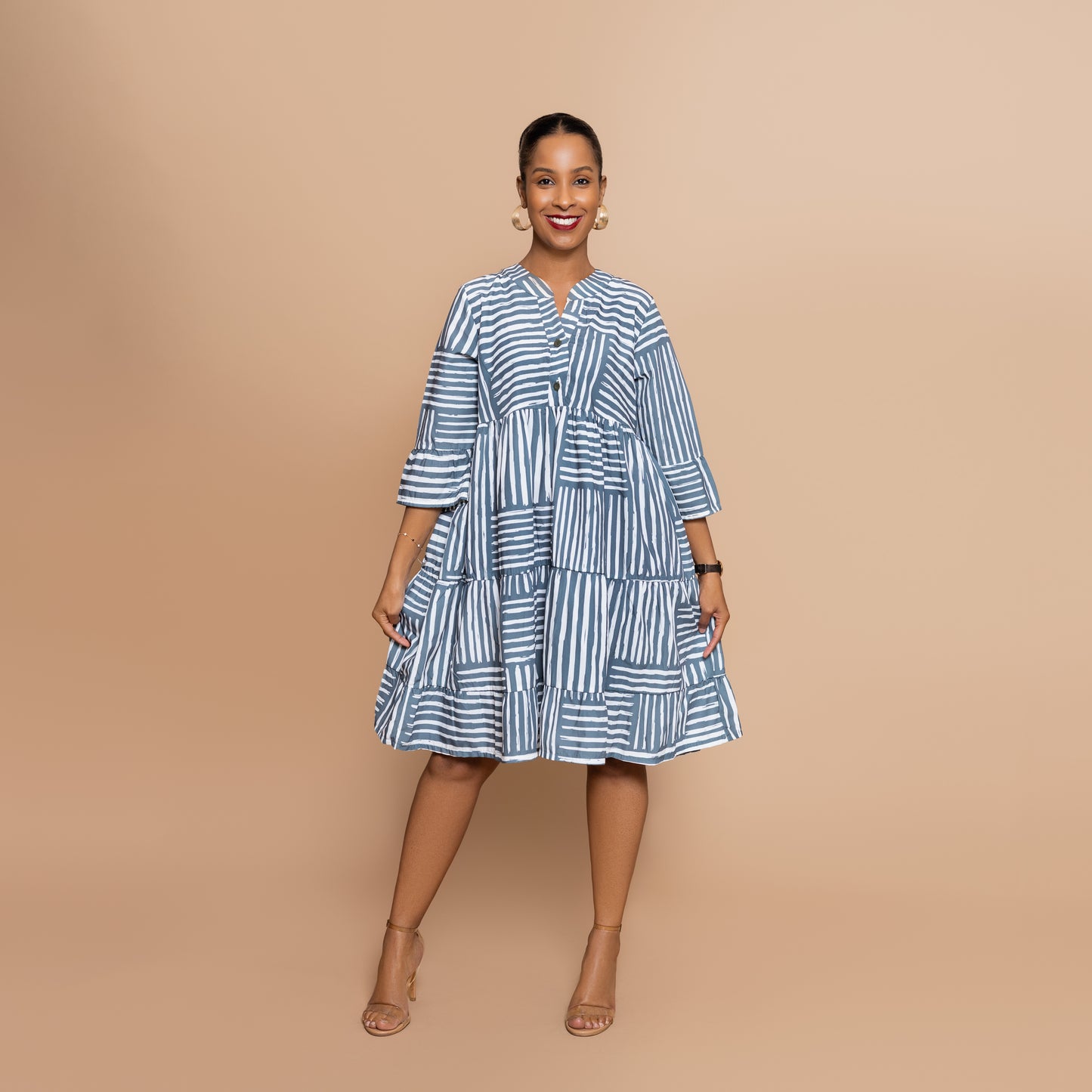 Nia 3/4 Sleeve Tiered Dress - Cool Sage Mixed Stripe