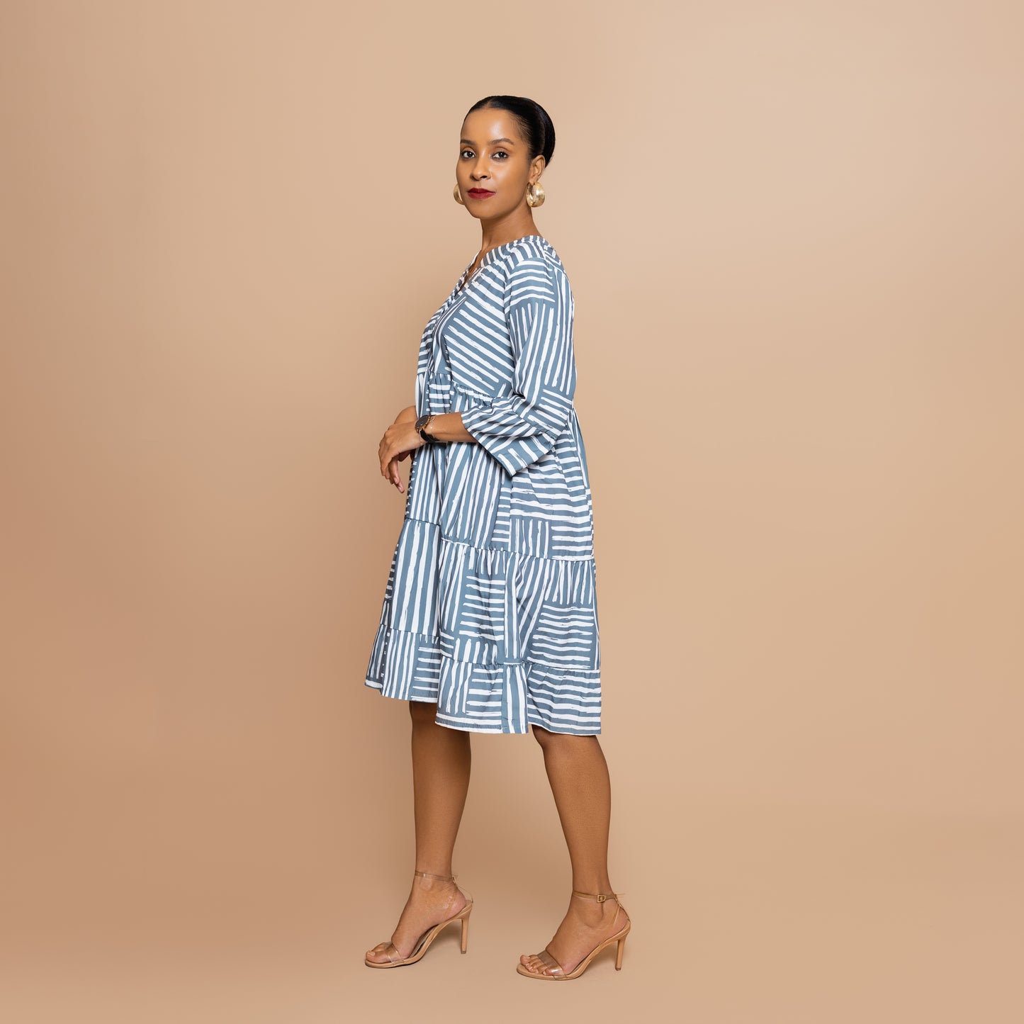 Nia 3/4 Sleeve Tiered Dress - Cool Sage Mixed Stripe