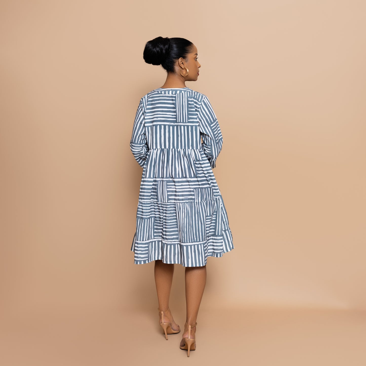 Nia 3/4 Sleeve Tiered Dress - Cool Sage Mixed Stripe