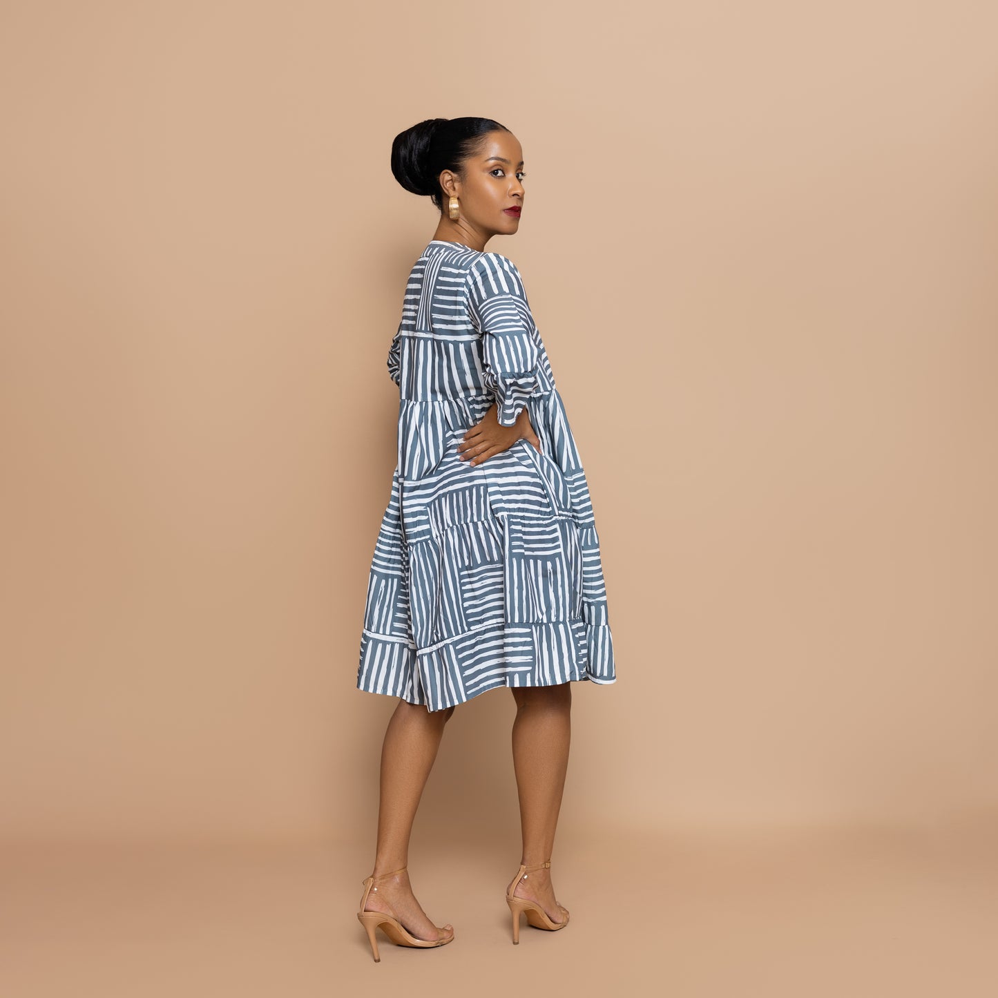 Nia 3/4 Sleeve Tiered Dress - Cool Sage Mixed Stripe