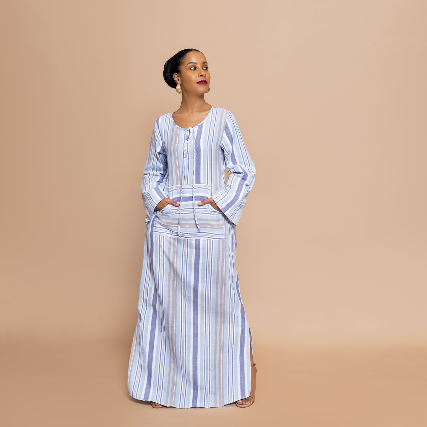 Kaftan-inspired Maxi with Kangaroo Pocket - Powder Blue Stripe
