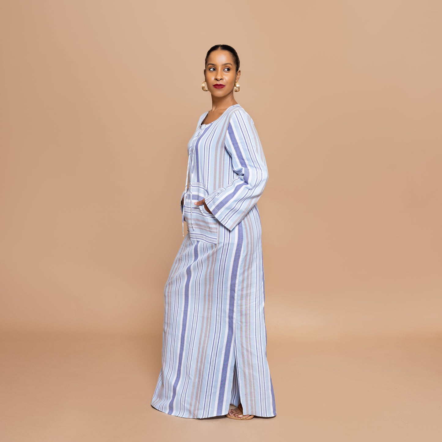 Kaftan-inspired Maxi with Kangaroo Pocket - Powder Blue Stripe