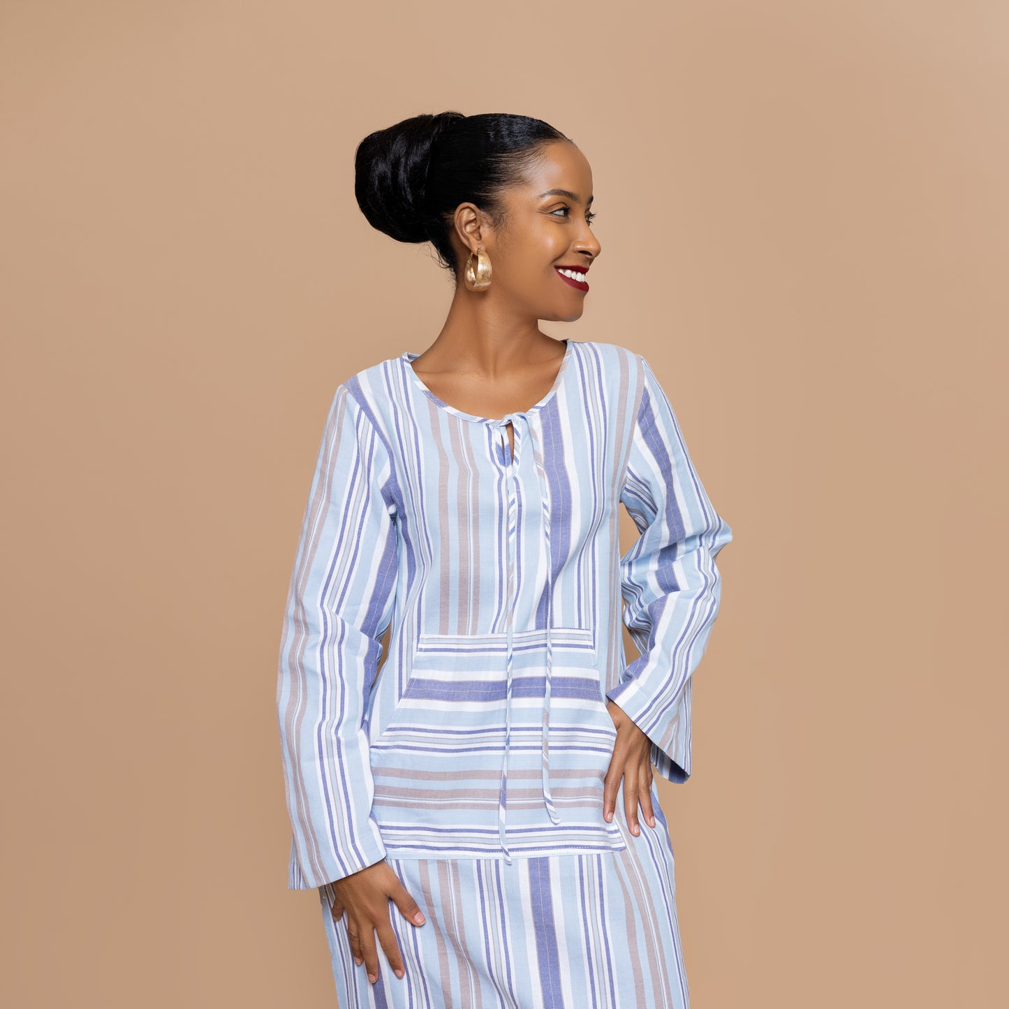 Kaftan-inspired Maxi with Kangaroo Pocket - Powder Blue Stripe