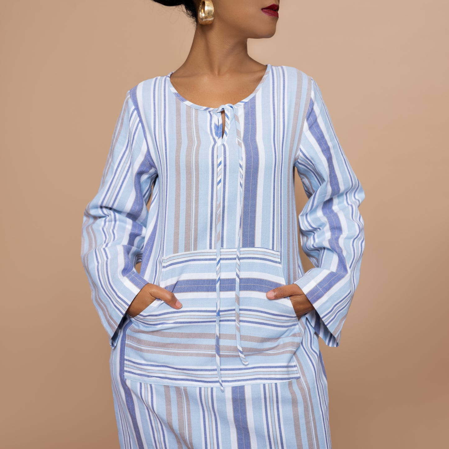 Kaftan-inspired Maxi with Kangaroo Pocket - Powder Blue Stripe