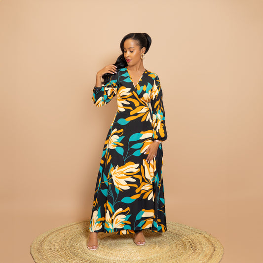 Maxi Wrap Dress - Black/Teal Floral