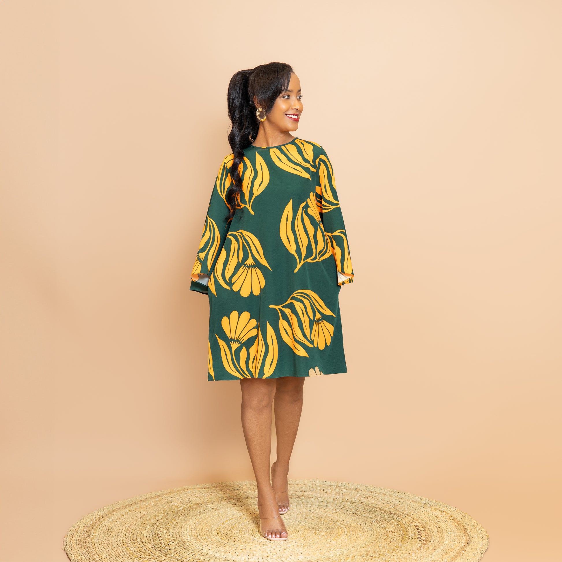 Trumpet Sleeve Botanical Print Dress - Green/Mustard Nalani Women Trumpet Sleeve Botanical Print Dress - Green/Mustard Nalani Women