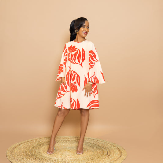 Trumpet Sleeve Botanical Print Dress - Red