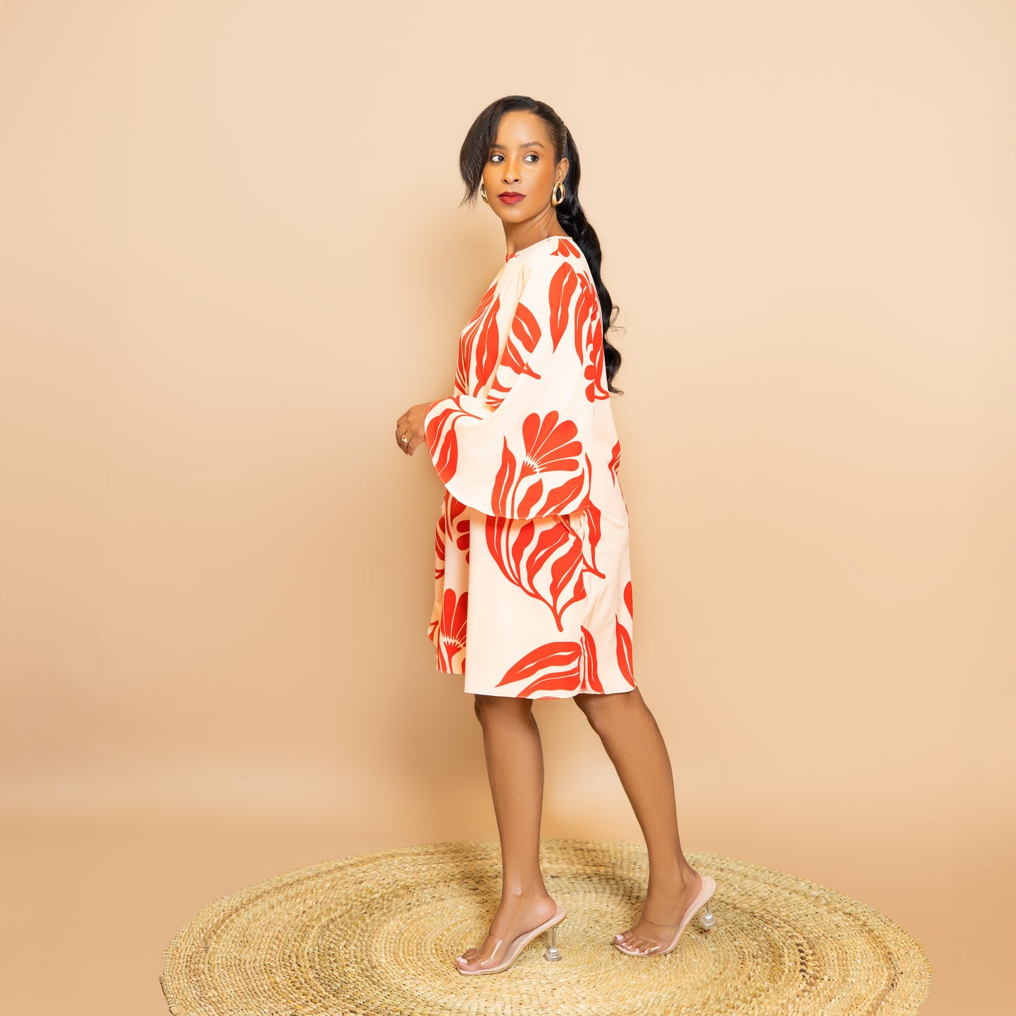 Trumpet Sleeve Botanical Print Dress - Red