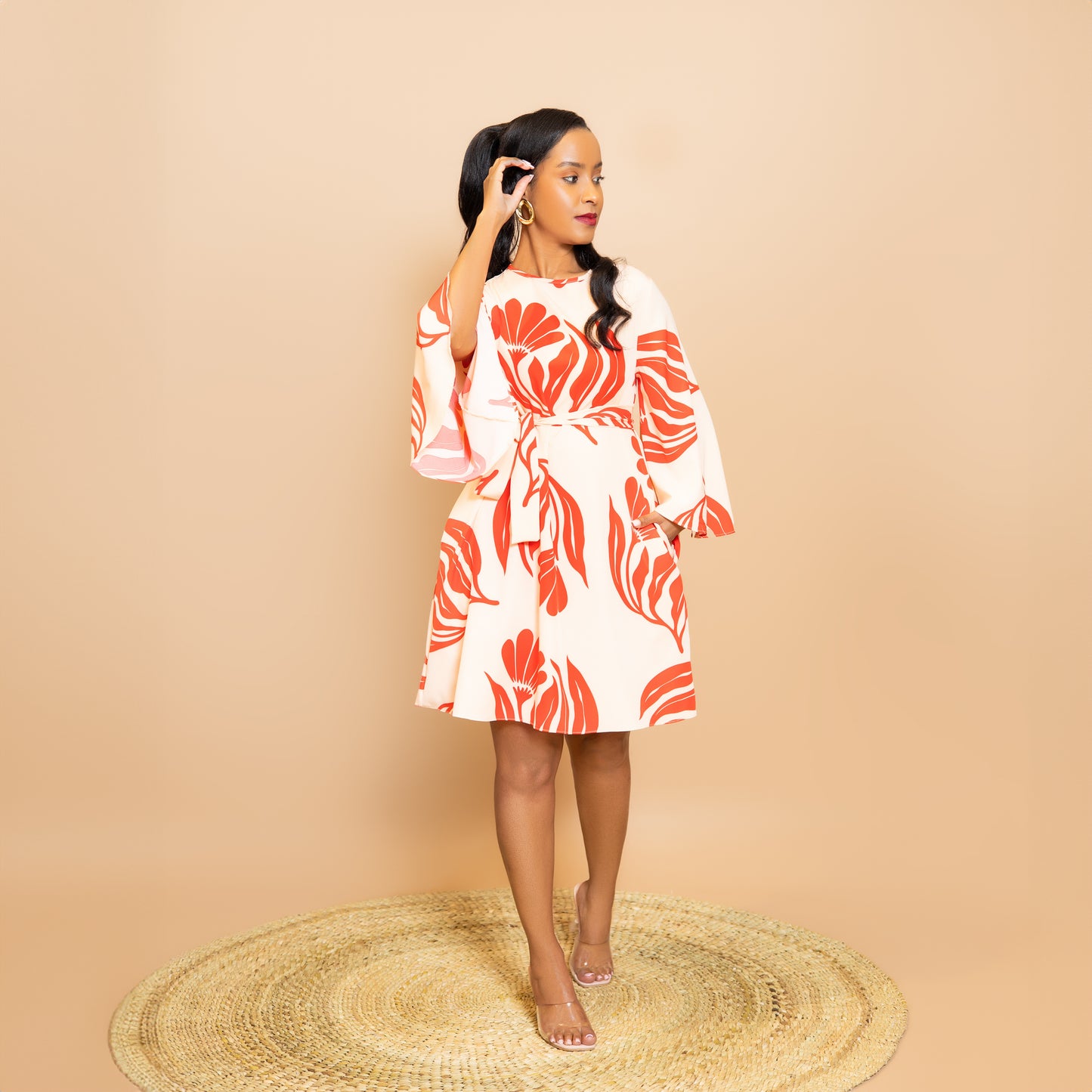 Trumpet Sleeve Botanical Print Dress - Red