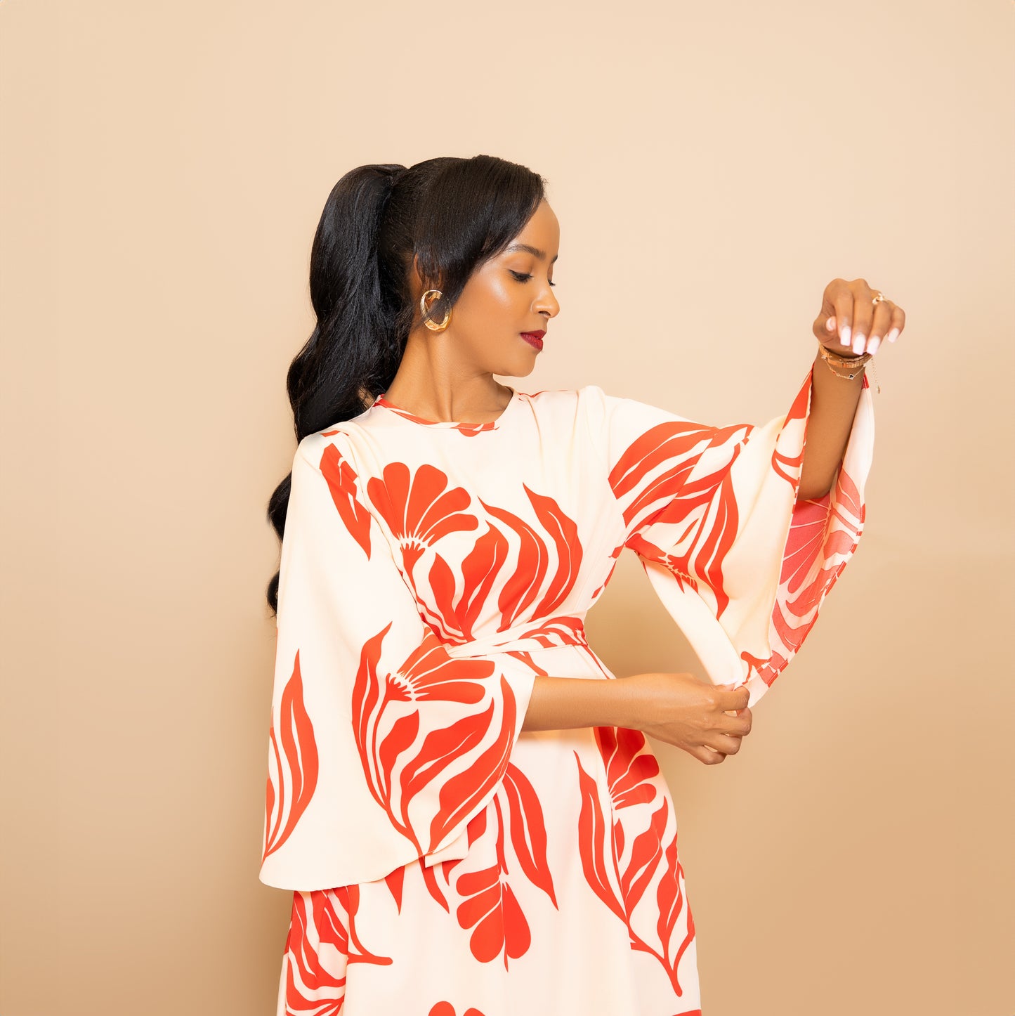 Trumpet Sleeve Botanical Print Dress - Red