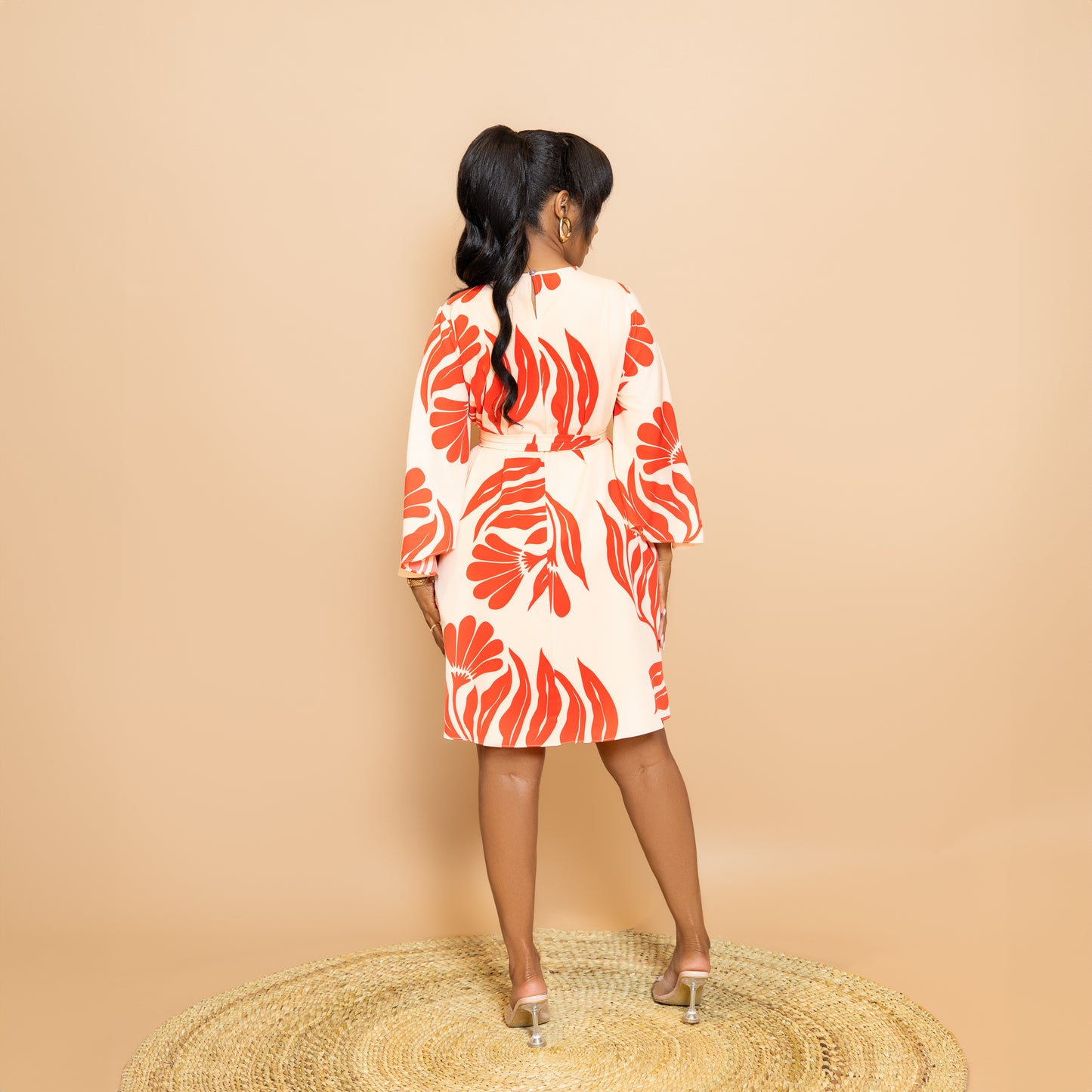 Trumpet Sleeve Botanical Print Dress - Red