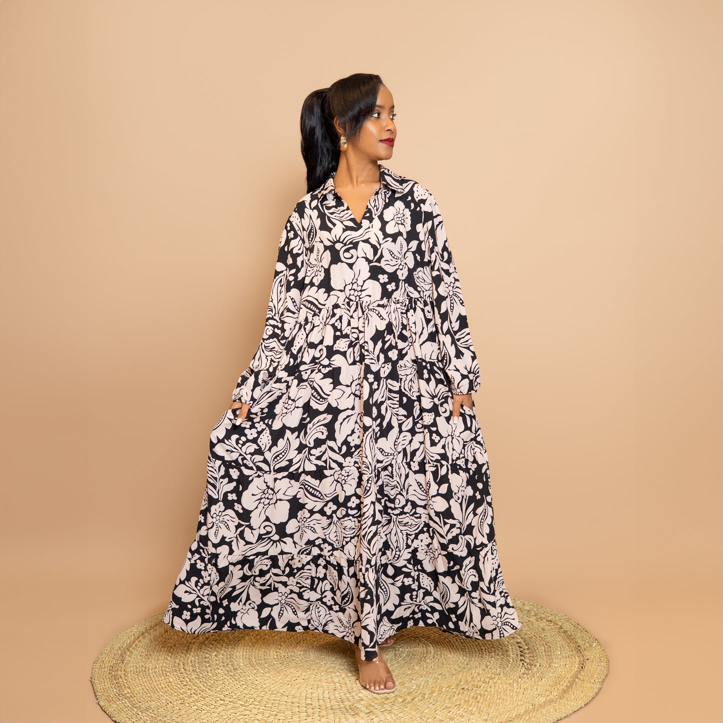 Black Floral Printed Collared Maxi Dress