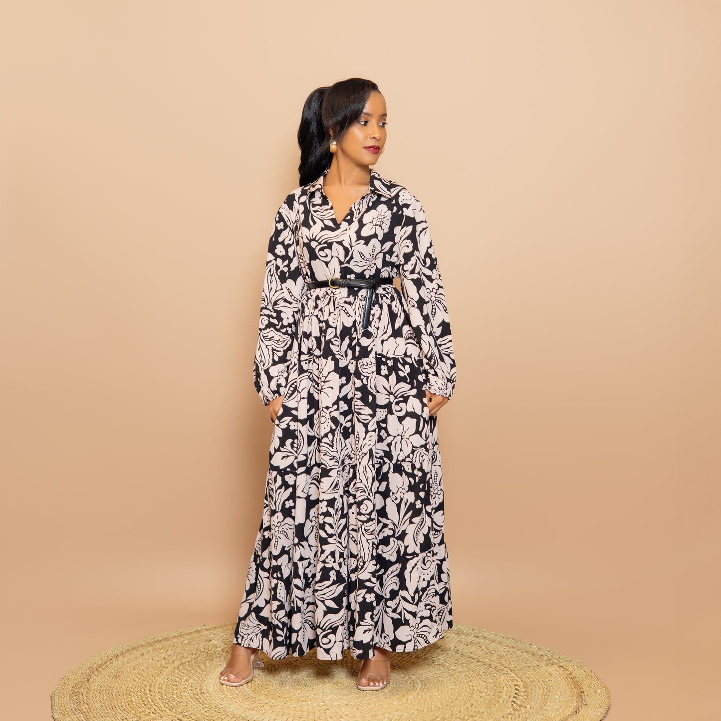 Black Floral Printed Collared Maxi Dress