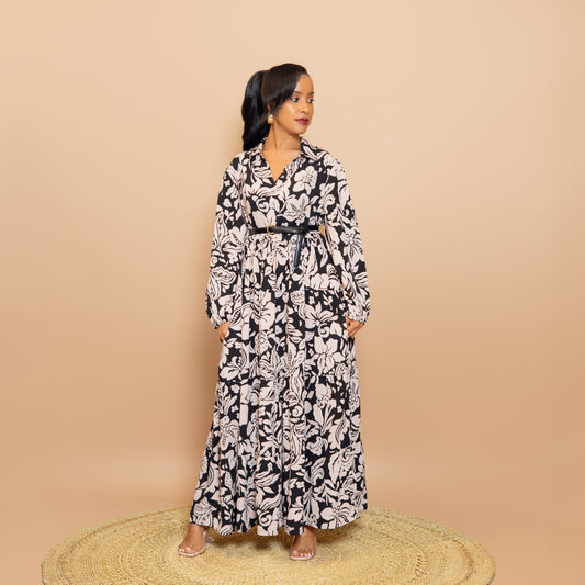 Black Floral Printed Collared Maxi Dress