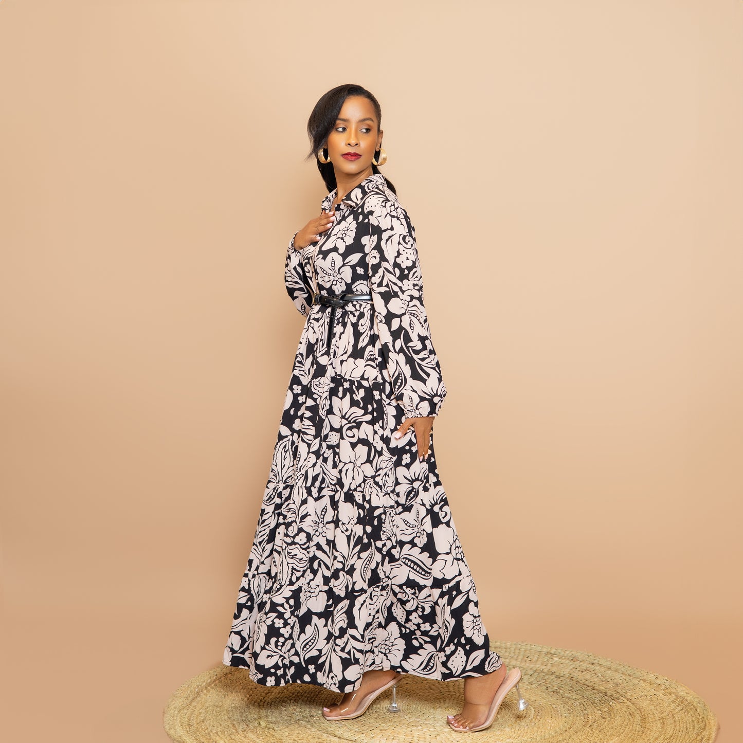 Black Floral Printed Collared Maxi Dress