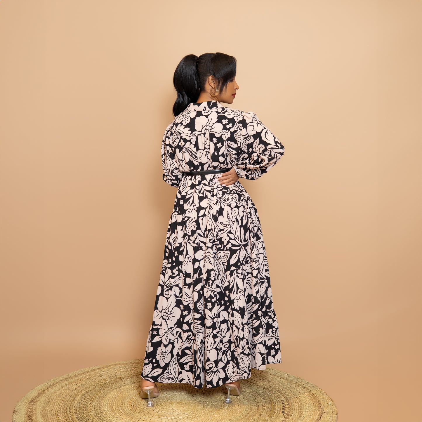 Black Floral Printed Collared Maxi Dress