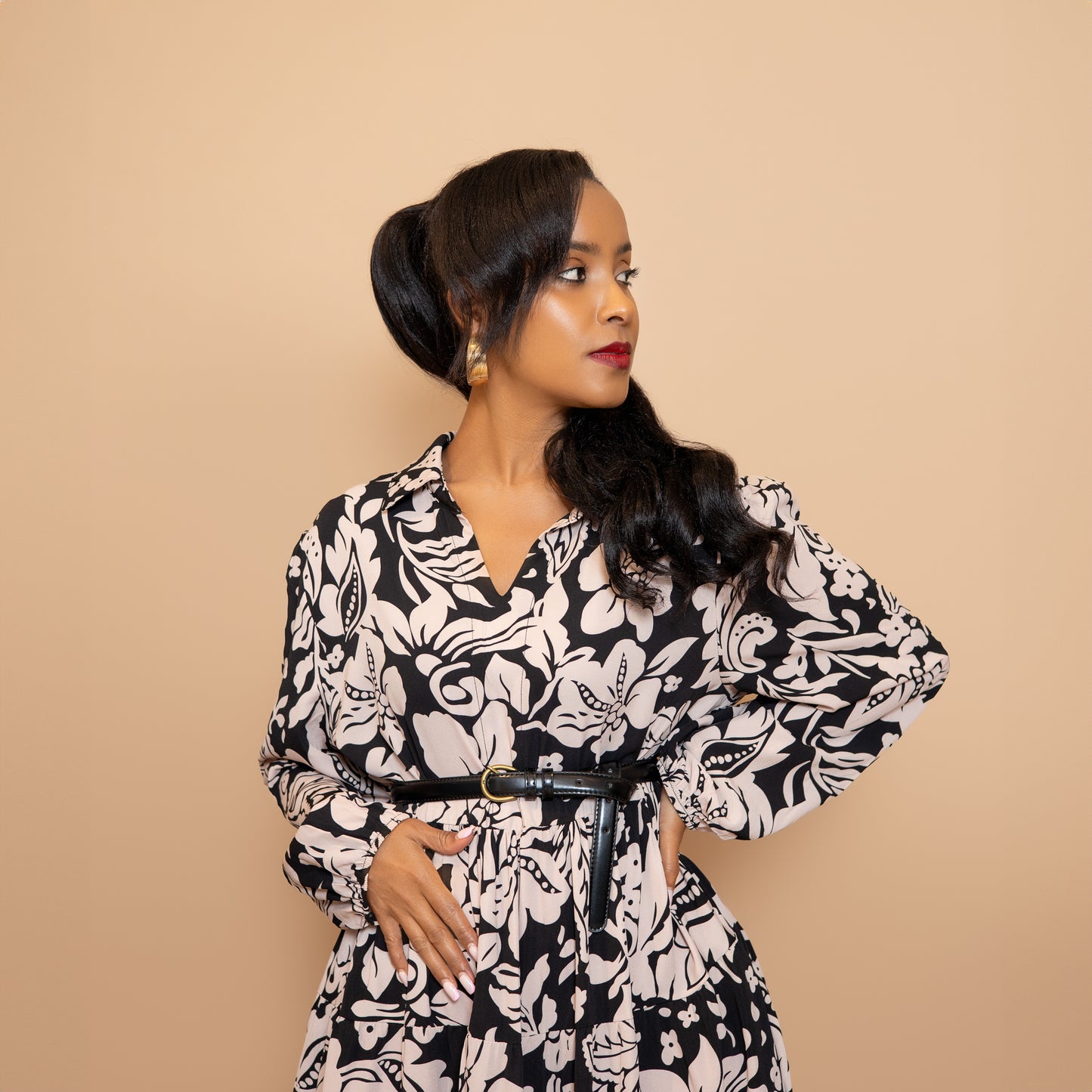 Black Floral Printed Collared Maxi Dress