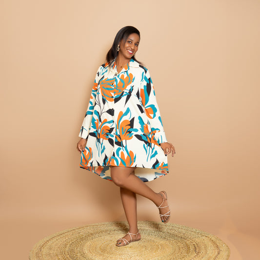 Long Sleeve High Low Shirtdress - Teal Floral