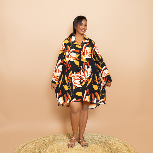 Long Sleeve High Low Shirtdress - Rust Floral