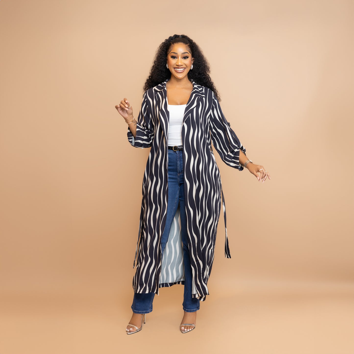 Nia Belted Kimono – Black Wavy