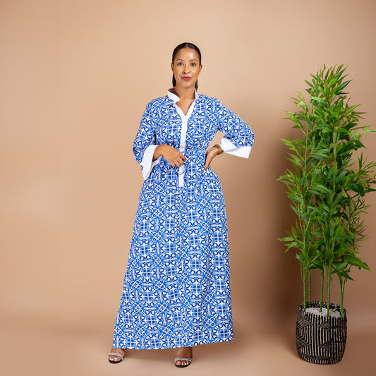 Blue Mosaic Maxi Dress with Contrast Trim
