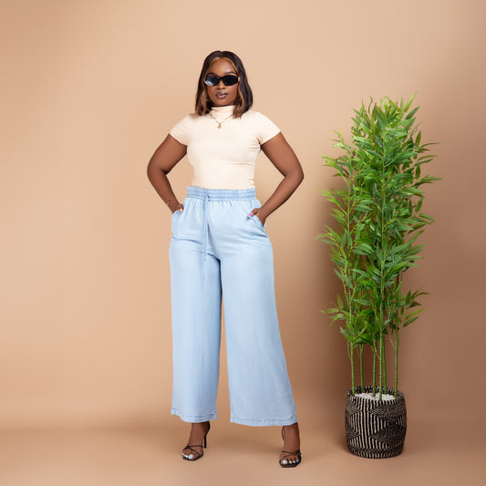 Washed Blue Wide Leg Denim Pants