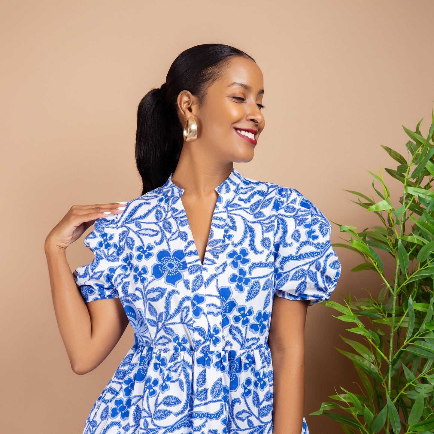 Blue Flower Print Tiered Dress