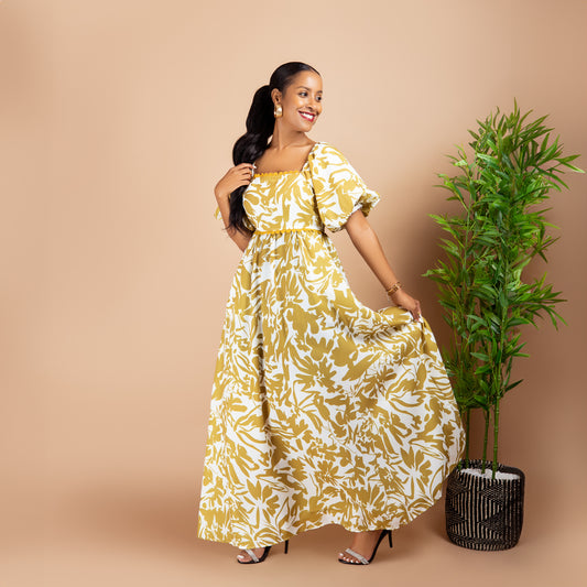 Mustard Green Scalloped Trim Square Neck Maxi Dress