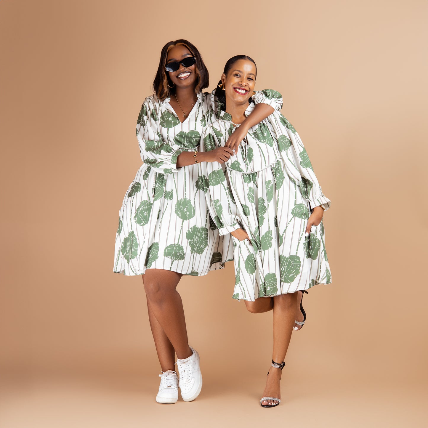 Guacamole Green Floral Striped Puff Sleeve Dress