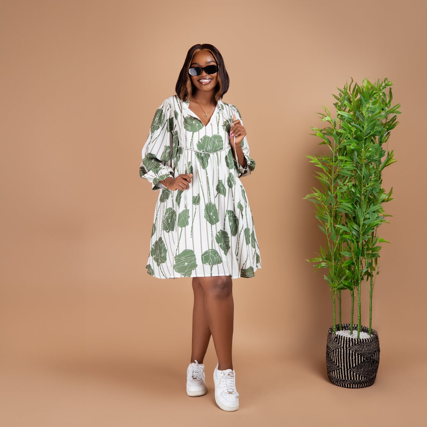 Guacamole Green Floral Striped Puff Sleeve Dress