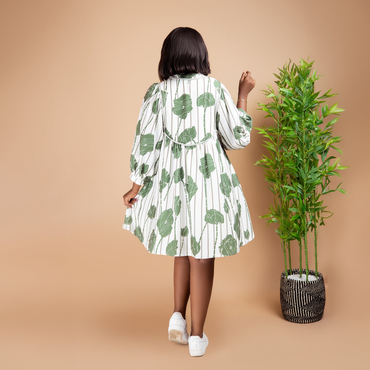 Guacamole Green Floral Striped Puff Sleeve Dress